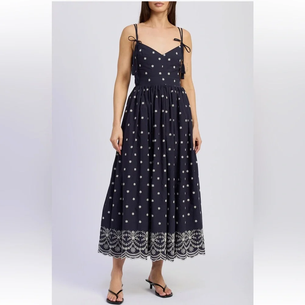 En Saison Nara Cotton Embroidered Tie-Strap Midi Dress - Picture 5 of 16